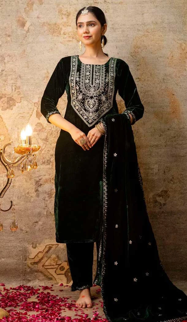 Velvet Embroidered Party Wear Salwar Suit In Green - 11607202129