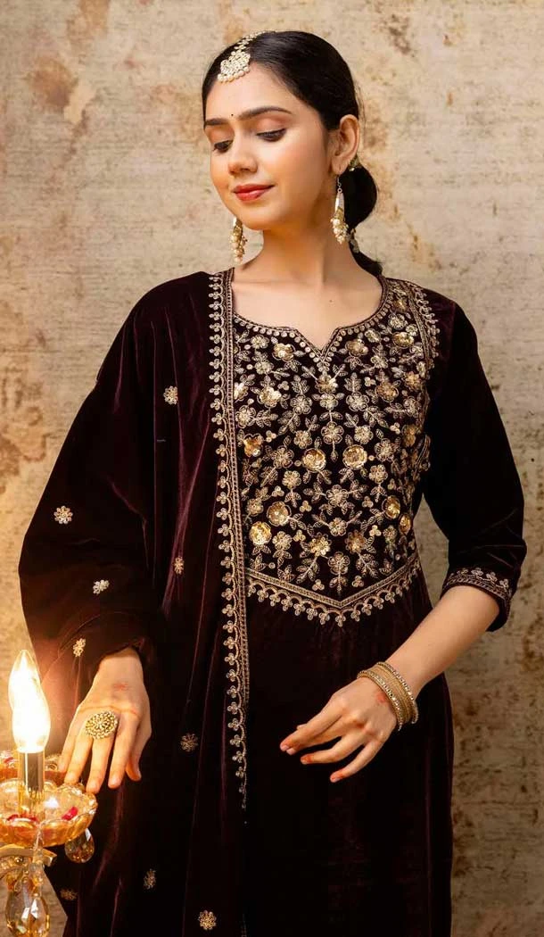 Velvet Embroidered Party Wear Salwar Suit In Purple - 11607202131