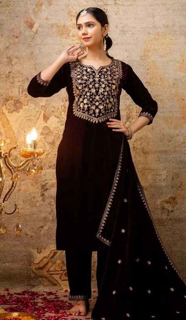 Velvet Embroidered Party Wear Salwar Suit In Purple - 11607202131
