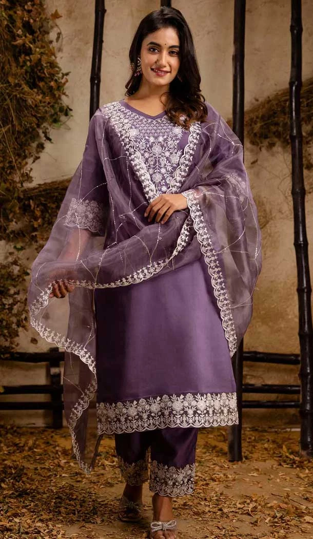 Lavender Silk Embroidery Work Party Wear Salwar Kameez - 11641202299