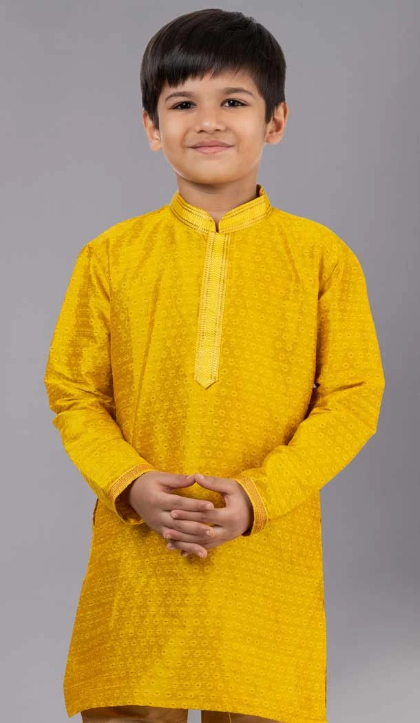 Yellow Polyester Cotton Weaving Work Boys Kurta Pajama - 12059204870