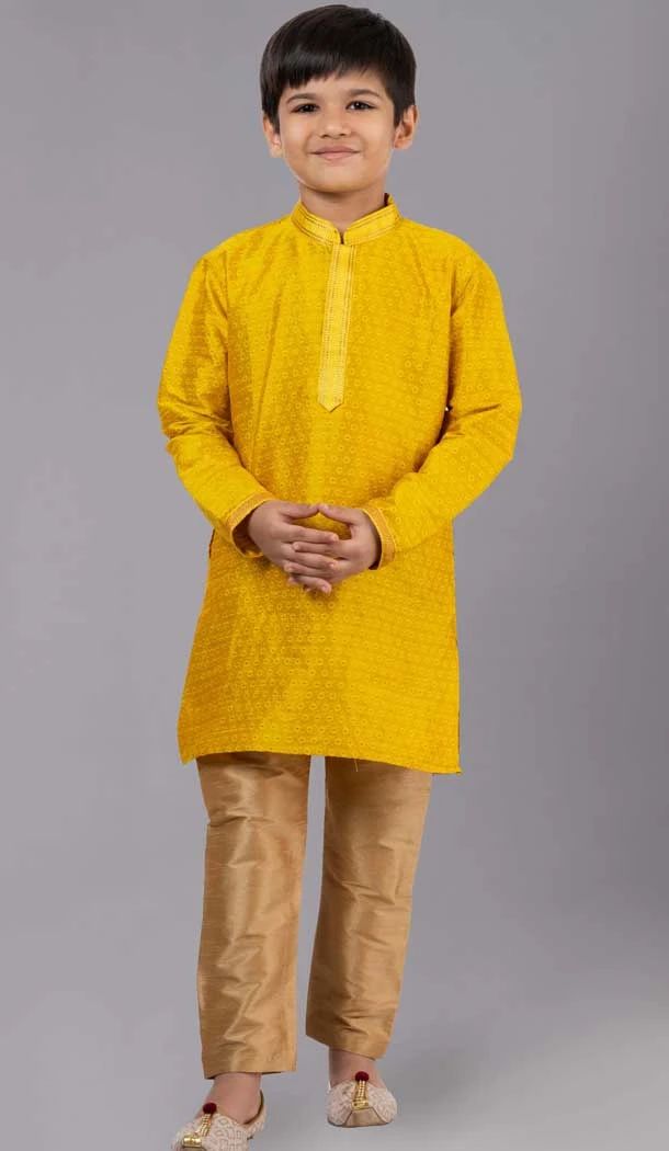 Yellow Polyester Cotton Weaving Work Boys Kurta Pajama - 12059204870