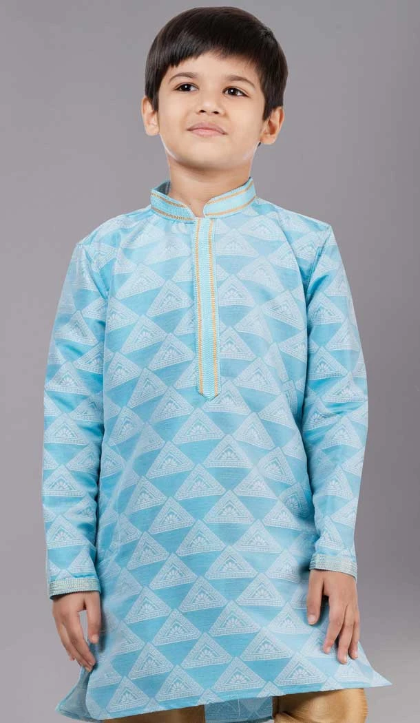 Sea Green Jacquard Silk Weaving Work Boys Kurta Pajama - 12059204871