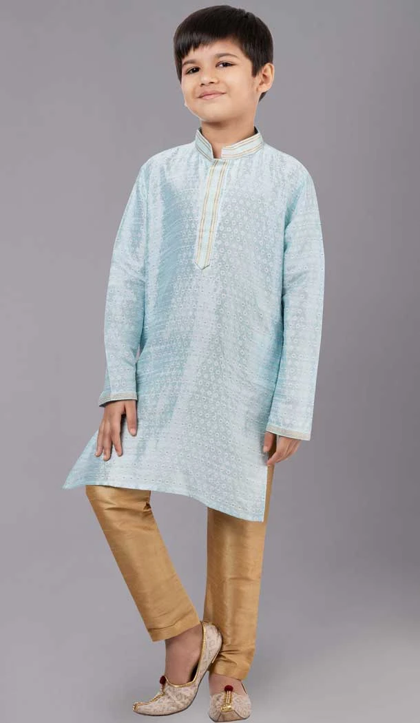 Sky Blue Polyester Cotton Weaving Work Boys Kurta Pajama - 12059204873
