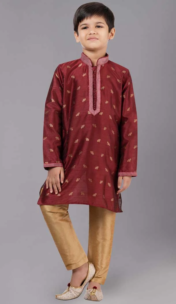 Maroon Dhupion Silk Weaving Work Boys Kurta Pajama - 12059204875