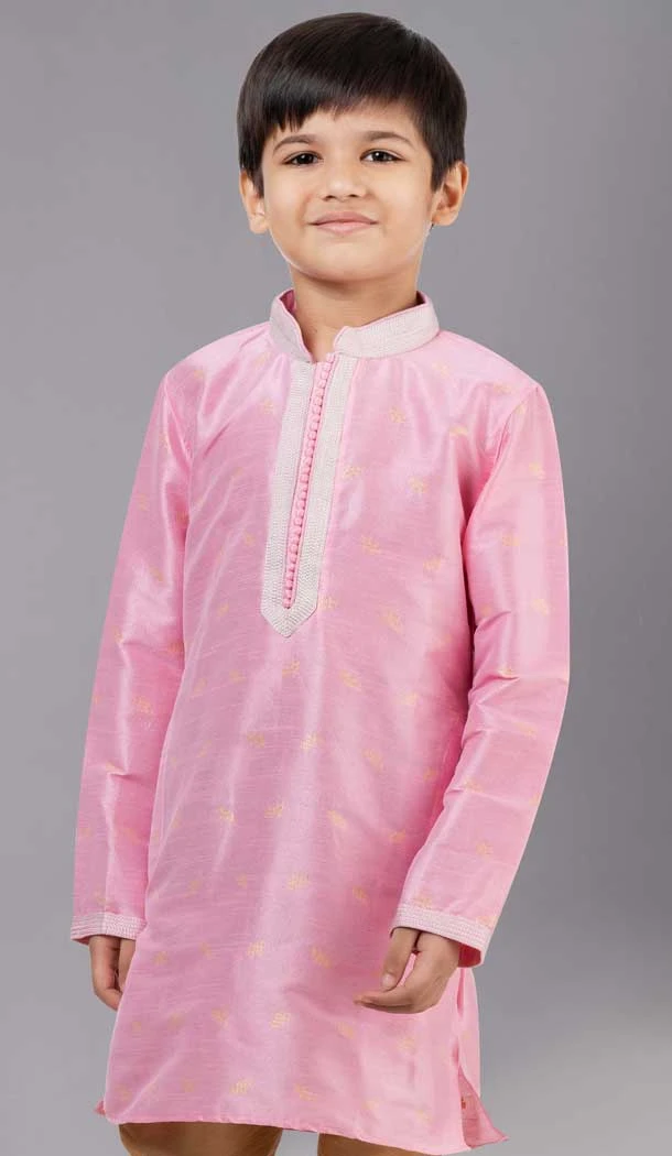 Pink Dhupion Silk Weaving Work Boys Kurta Pajama - 12059204877
