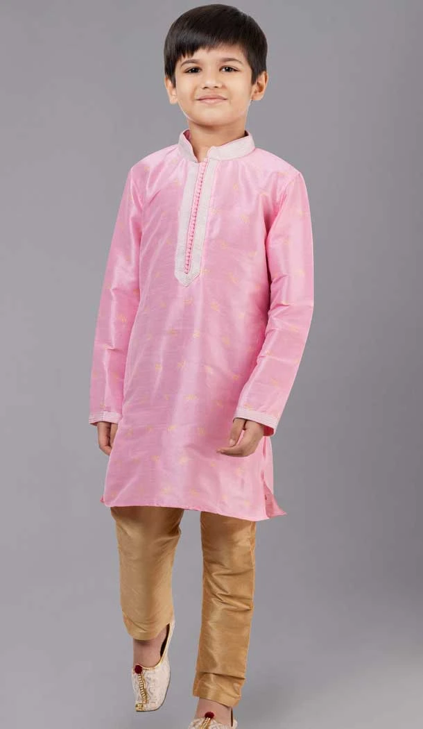 Pink Dhupion Silk Weaving Work Boys Kurta Pajama - 12059204877