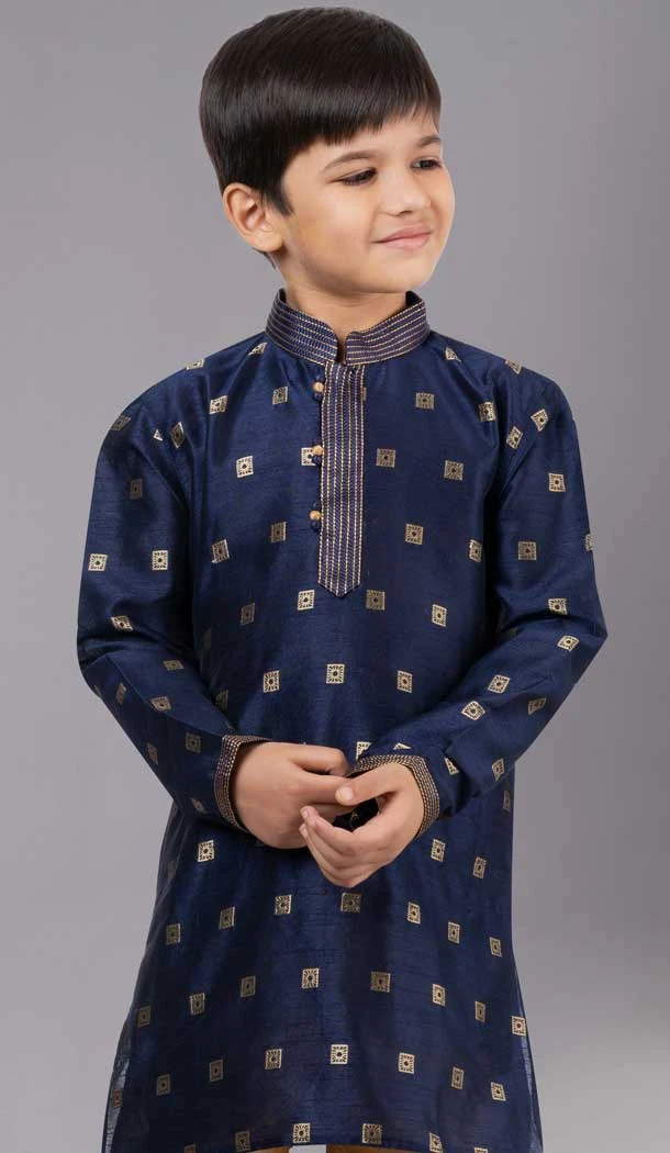 Royal Blue Dhupion Silk Weaving Work Boys Kurta Pajama - 12059204878