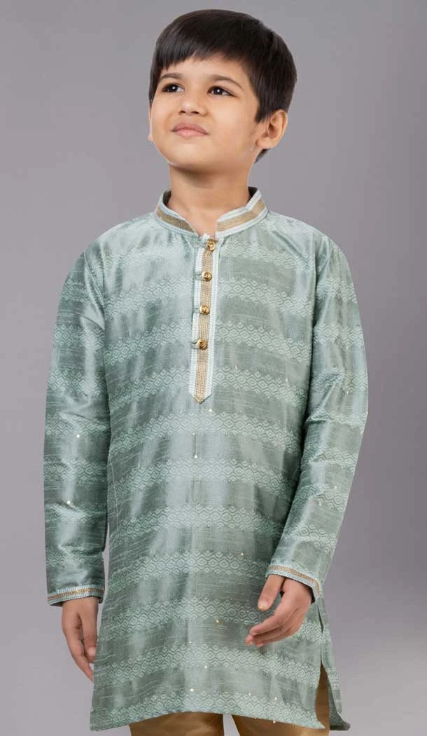 Mint Green Polyester Cotton Weaving Work Boys Kurta Pajama - 12059204879