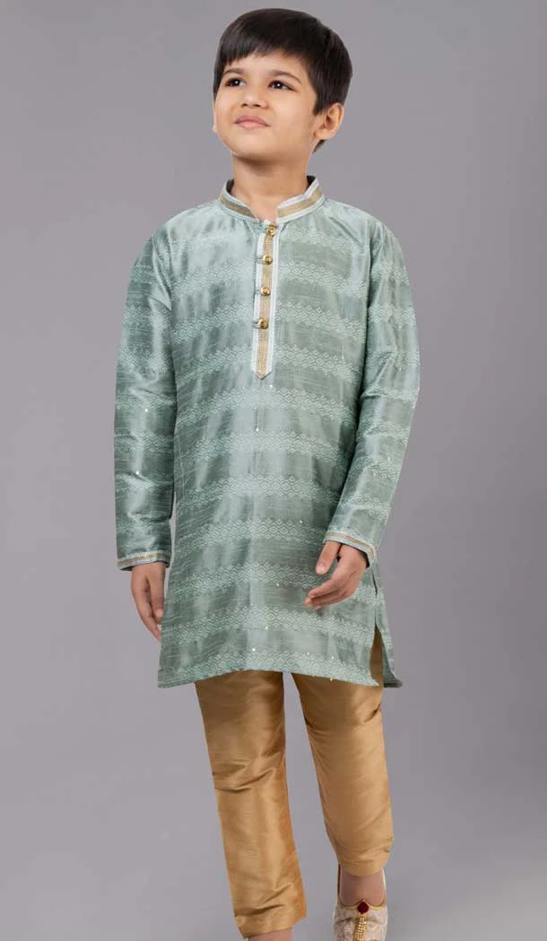 Mint Green Polyester Cotton Weaving Work Boys Kurta Pajama - 12059204879