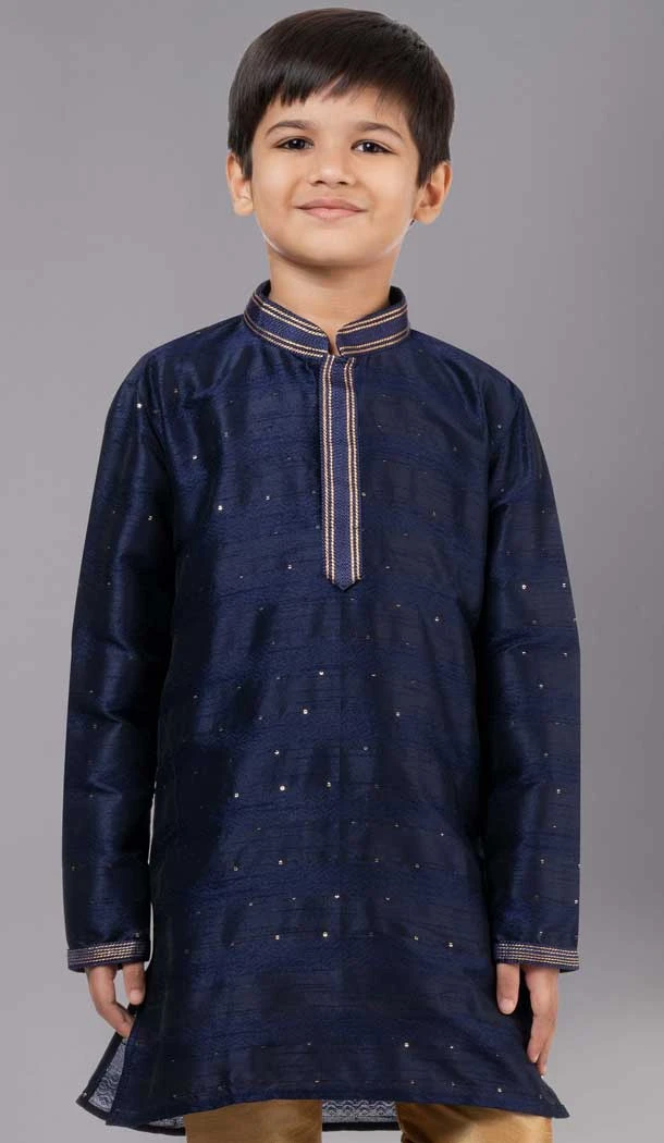 Navy Blue Polyester Cotton Weaving Work Boys Kurta Pajama - 12059204880