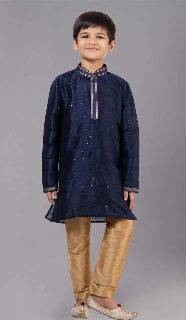 Navy Blue Polyester Cotton Weaving Work Boys Kurta Pajama - 12059204880