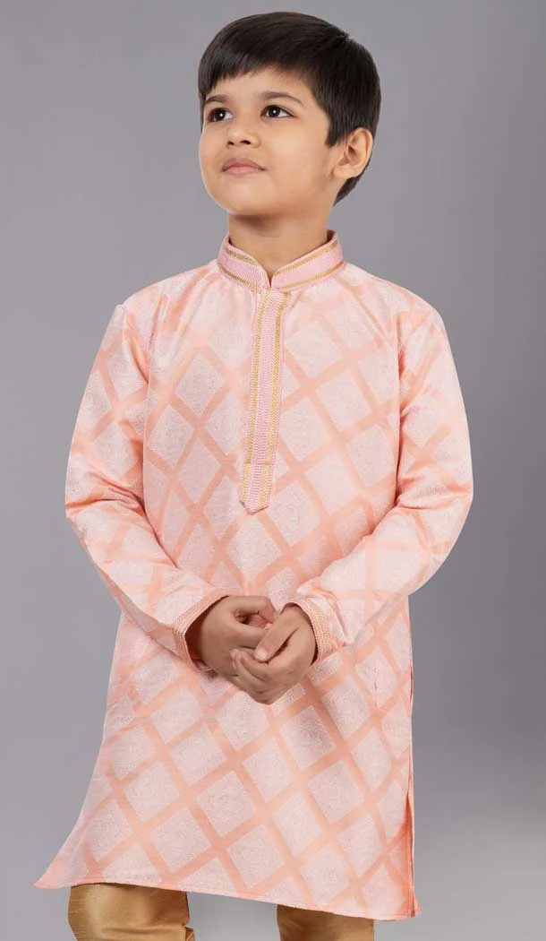Orange Jacquard Silk Weaving Work Boys Kurta Pajama - 12059204883