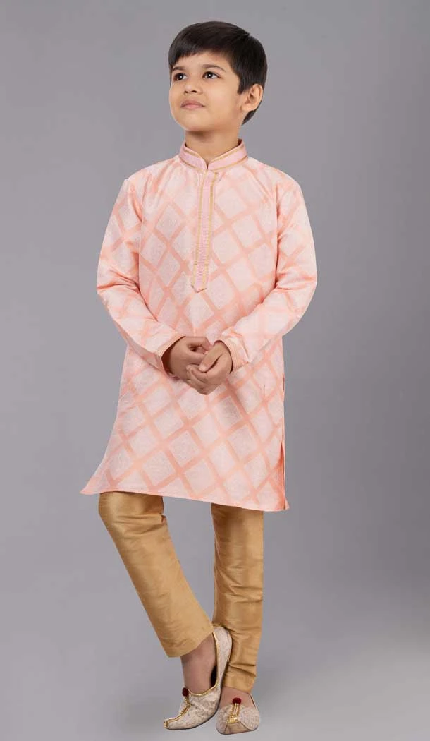 Orange Jacquard Silk Weaving Work Boys Kurta Pajama - 12059204883
