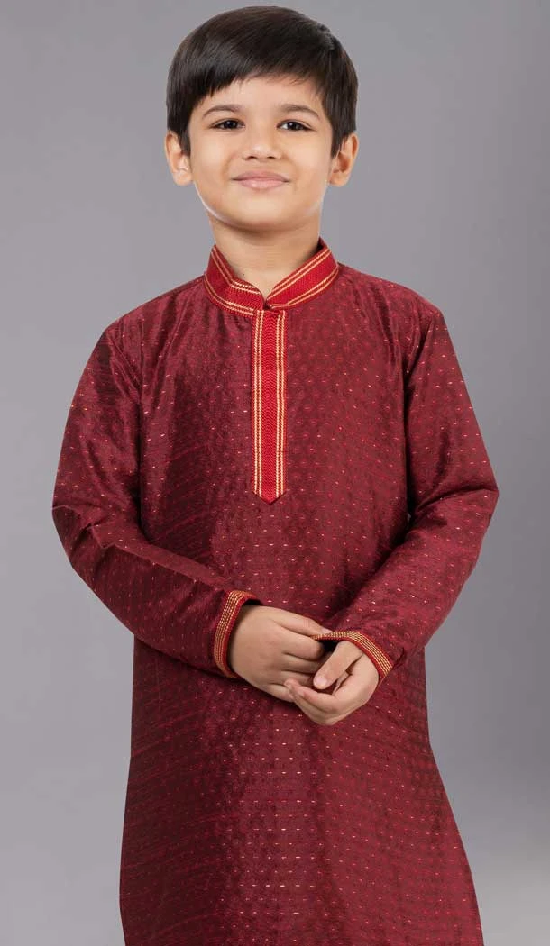 Maroon Polyester Cotton Weaving Work Boys Kurta Pajama - 12059204885