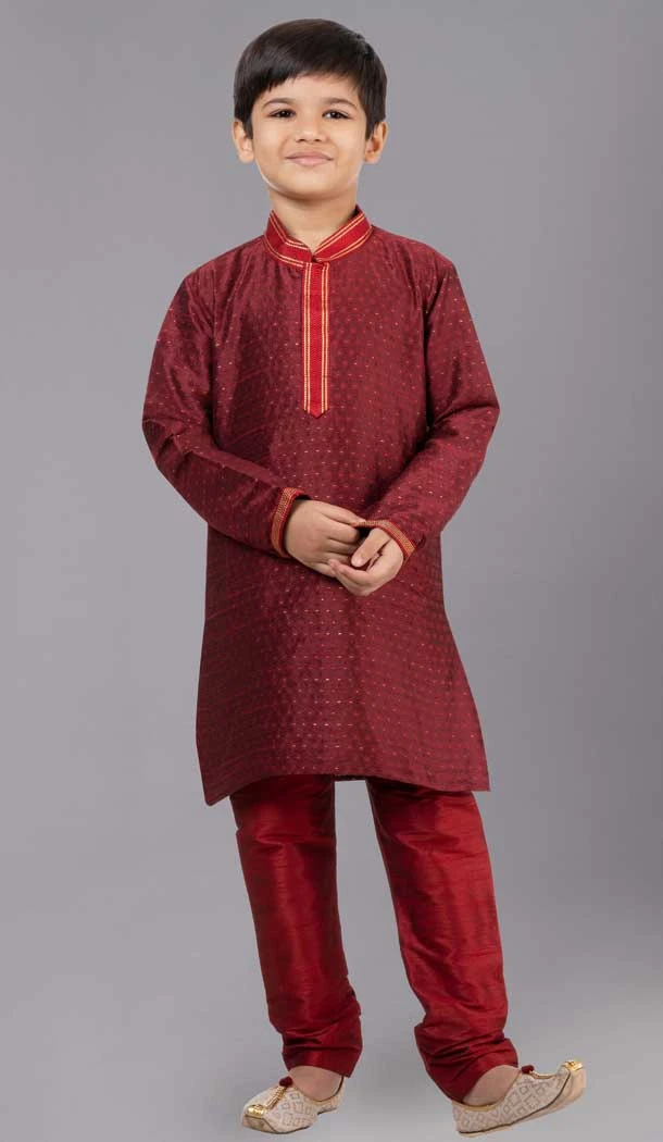 Maroon Polyester Cotton Weaving Work Boys Kurta Pajama - 12059204885