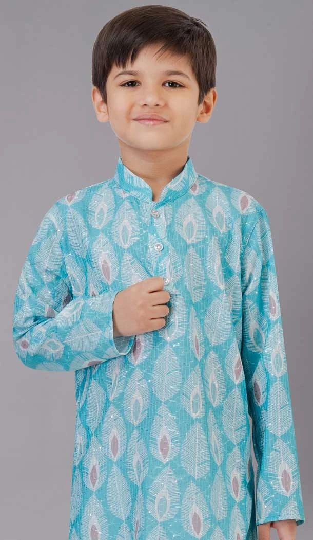 Sea Green Polyester Sequins Work Kids Wear Boys Kurta Pajama - 12060204887