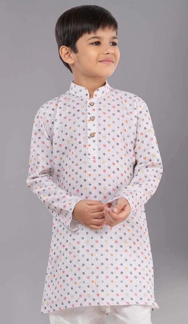White Polyester Printed Kids Wear Boys Kurta Pajama - 12060204897