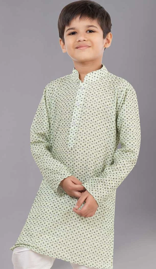 Green Polyester Printed Kids Wear Boys Kurta Pajama - 12060204907