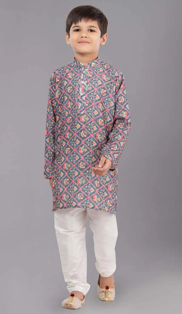 Multi Color Polyester Mono Printed Kids Wear Boys Kurta Pajama - 12060204911