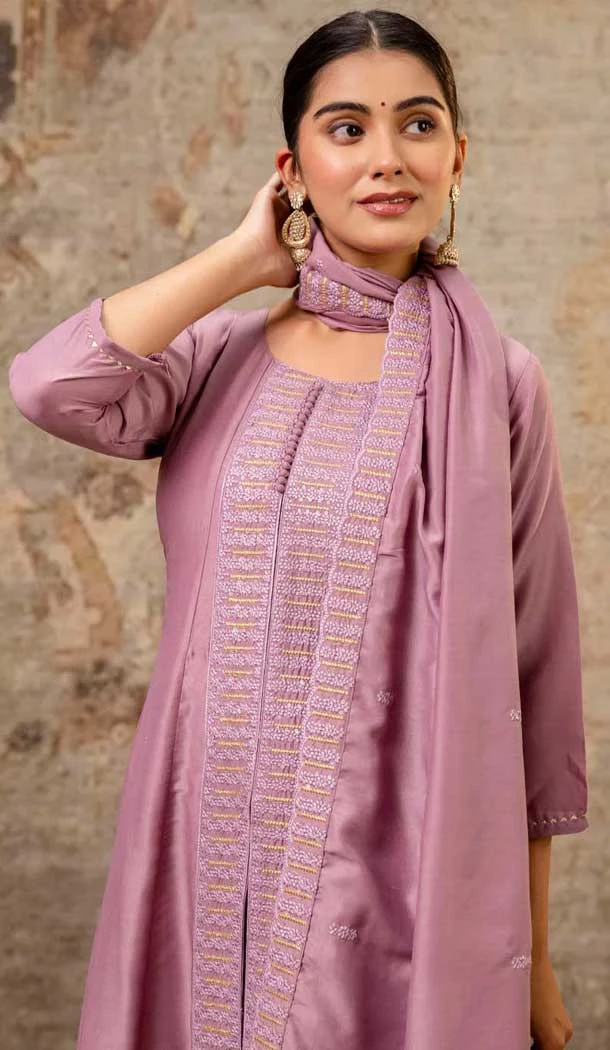 Lavender Silk Resham Work Designer Anarkali Suit - 11608202132