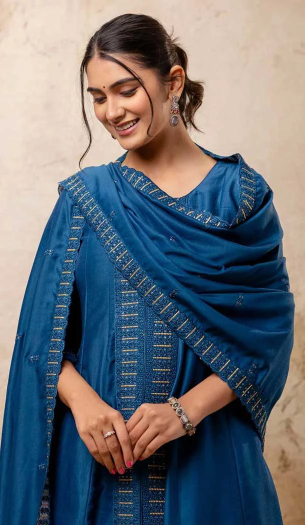 Teal Blue Silk Resham Work Designer Anarkali Suit - 11608202135