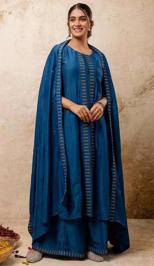 Teal Blue Silk Resham Work Designer Anarkali Suit - 11608202135