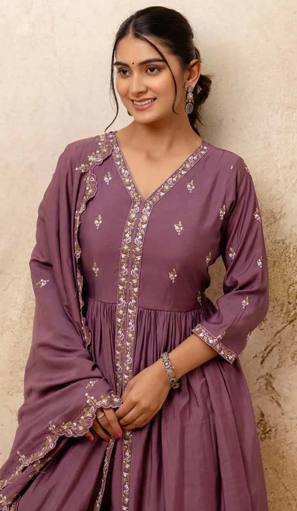 Lavender Resham Work Silk Designer Anarkali Suit - 11608202136