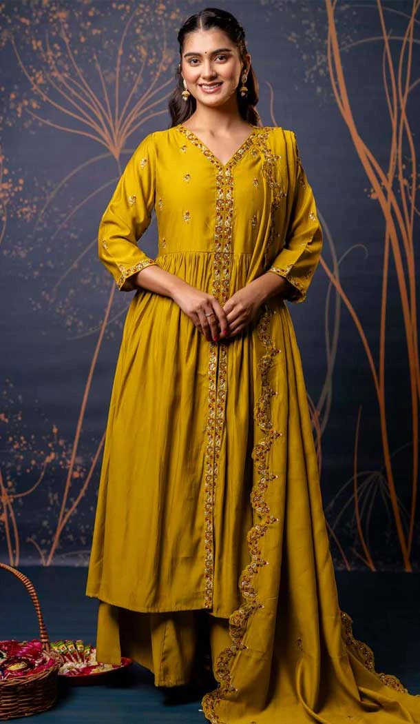 Mustard Silk Resham Work Designer Anarkali Suit - 11608202137