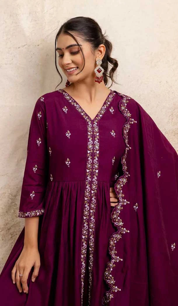 Purple Resham Work Silk Designer Anarkali Suit - 11608202139