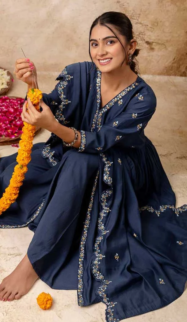 Teal Blue Resham Work Silk Designer Anarkali Suit - 11608202140