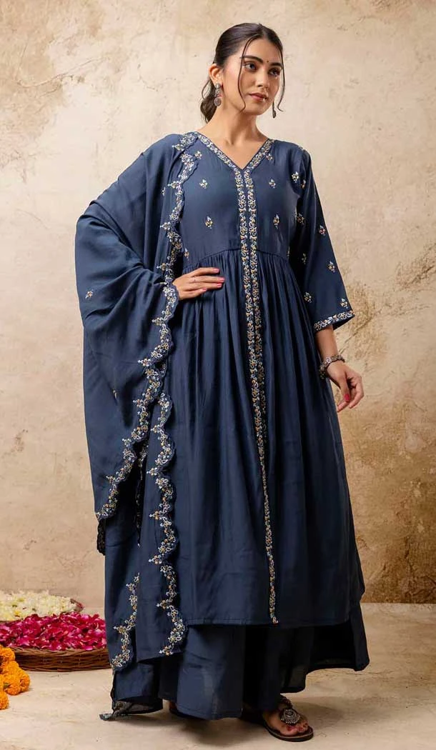 Teal Blue Resham Work Silk Designer Anarkali Suit - 11608202140
