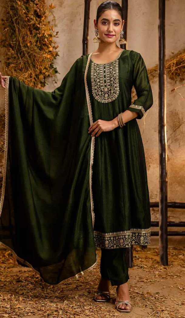 Silk Embroidered Party Wear Anarkali Suit In Green - 11642202302