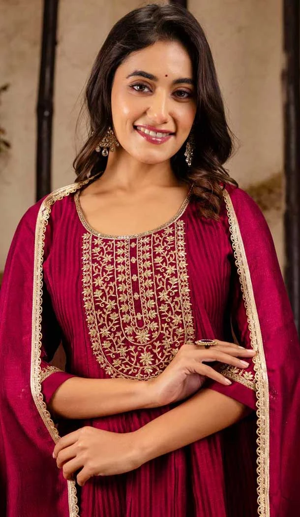 Silk Embroidered Party Wear Anarkali Suit In Maroon - 11642202303