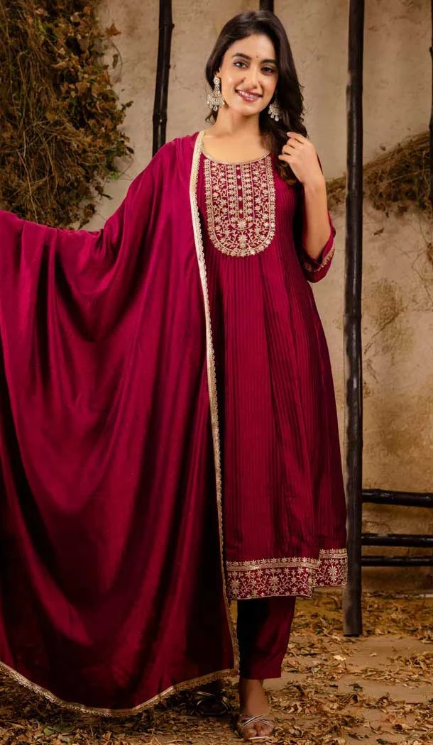 Silk Embroidered Party Wear Anarkali Suit In Maroon - 11642202303
