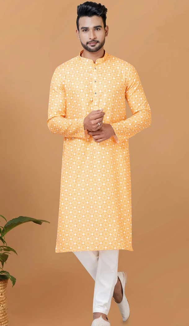 Yellow Cotton Crochet Work Casual Wear Men Kurta Pajama - 12082205013