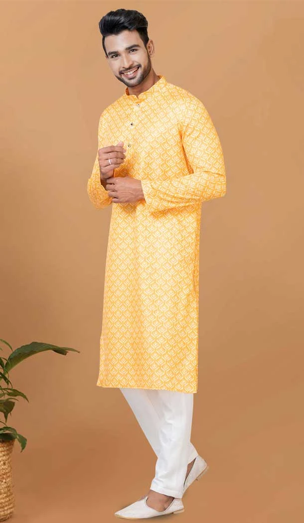 Yellow Crochet Work Cotton Casual Wear Men Kurta Pajama - 12082205016