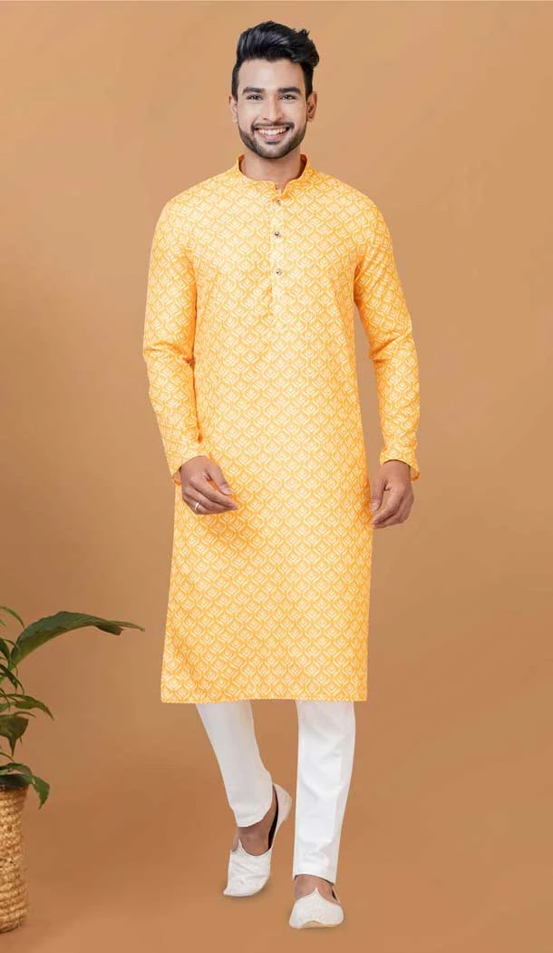 Yellow Crochet Work Cotton Casual Wear Men Kurta Pajama - 12082205016