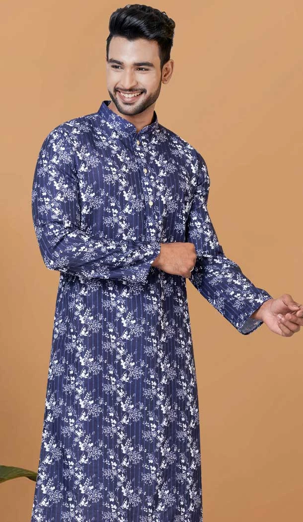 Blue Cotton Crochet Work Casual Wear Men Kurta Pajama - 12082205018