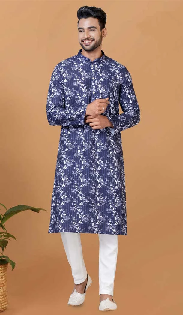 Blue Cotton Crochet Work Casual Wear Men Kurta Pajama - 12082205018