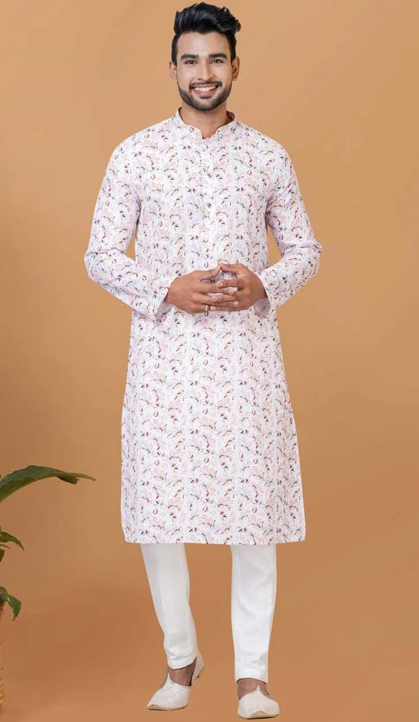 Off White Cotton Crochet Work Casual Wear Men Kurta Pajama - 12082205019