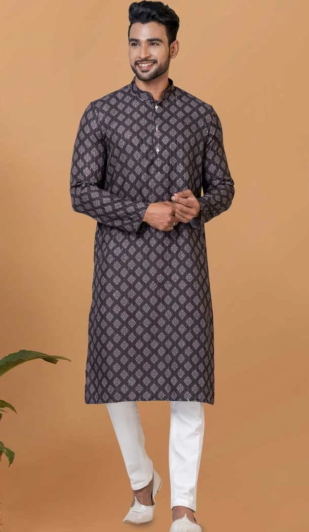 Dark Blue Cotton Crochet Work Casual Wear Men Kurta Pajama - 12082205025