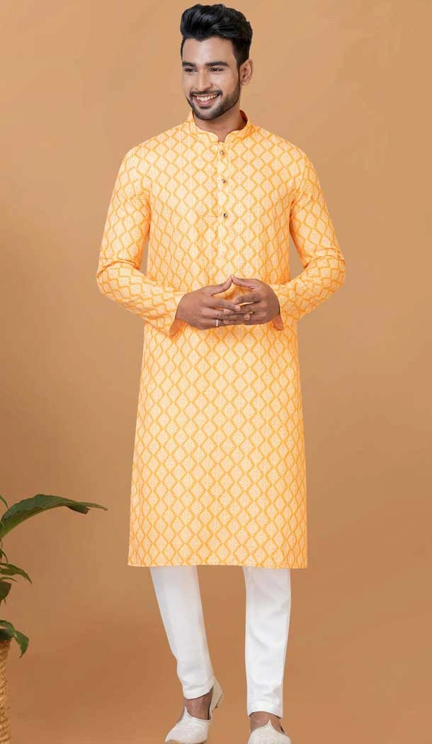 Golden Cotton Crochet Work Casual Wear Men Kurta Pajama - 12082205026