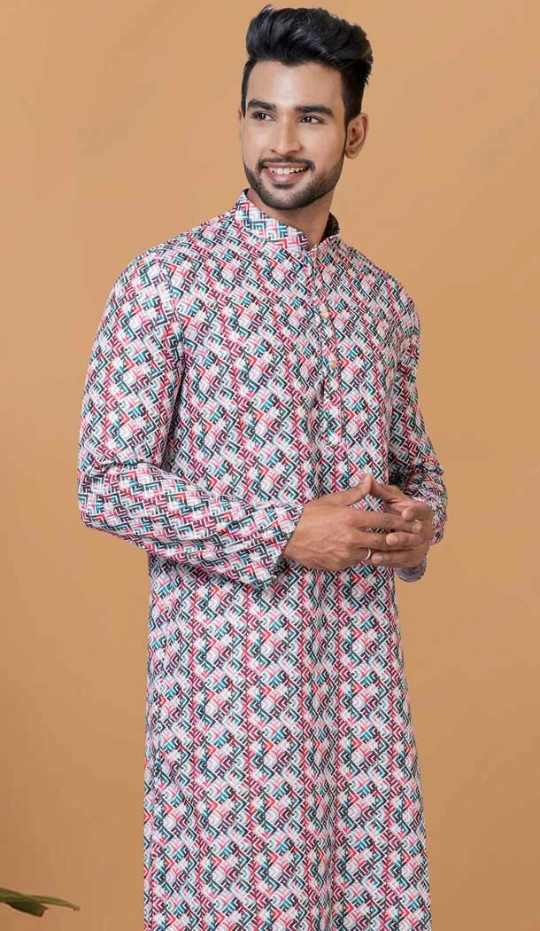 Cotton Multi Color Crochet Work Casual Wear Men Kurta Pajama - 12082205029