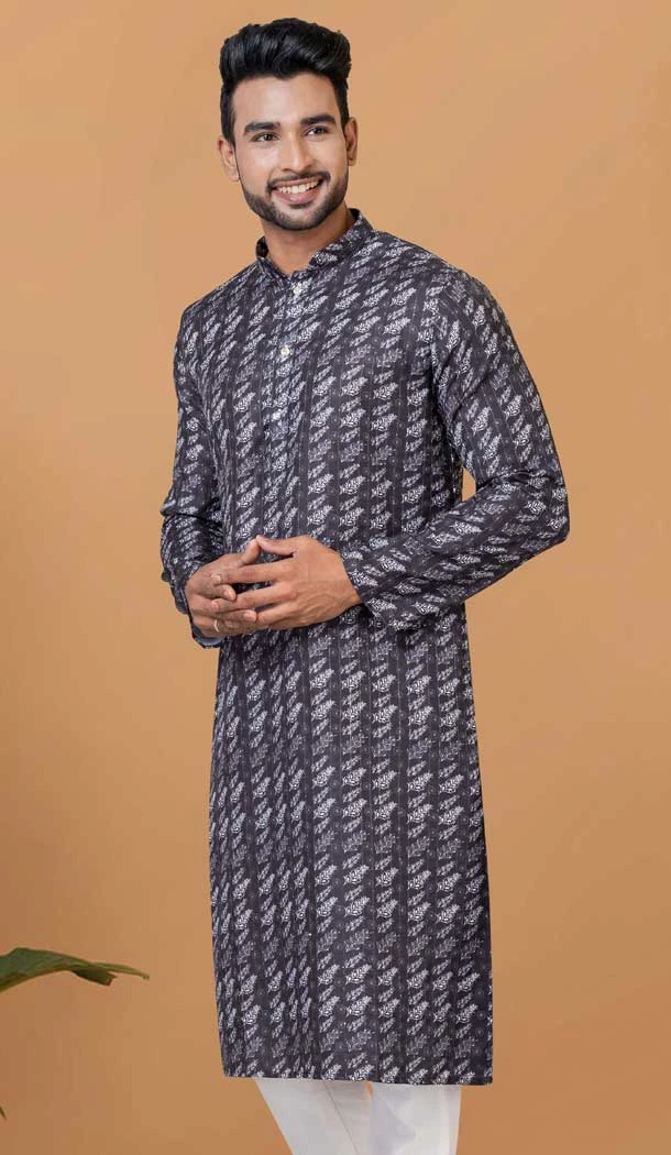 Cotton Crochet Work Casual Wear Men Kurta Pajama In Grey - 12082205030