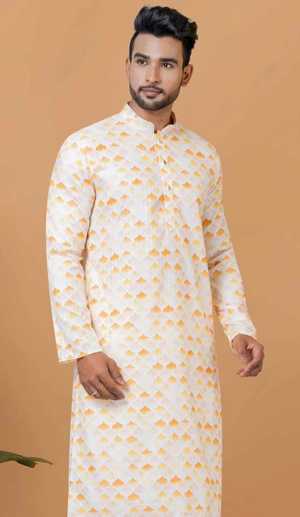Off White Crochet Work Cotton Casual Wear Men Kurta Pajama - 12082205034