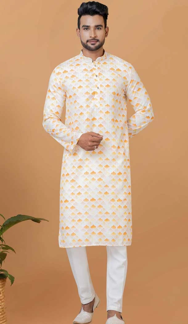 Off White Crochet Work Cotton Casual Wear Men Kurta Pajama - 12082205034