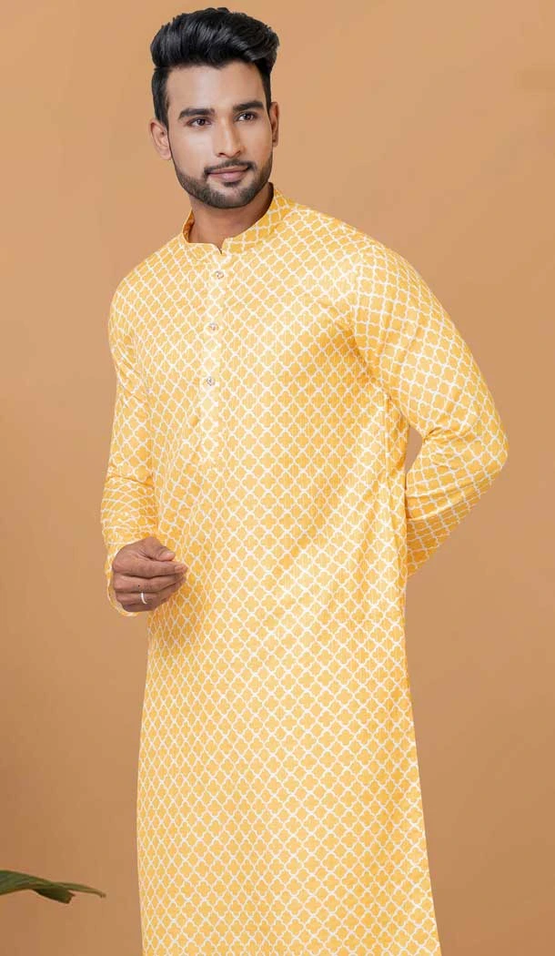 Golden Crochet Work Cotton Casual Wear Men Kurta Pajama - 12082205035