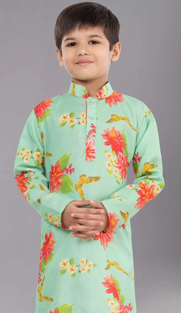 Lime Green Cotton Digital Printed Kids Wear Boys Kurta Pajama - 12085205065