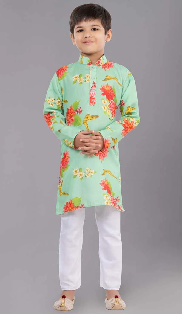 Lime Green Cotton Digital Printed Kids Wear Boys Kurta Pajama - 12085205065